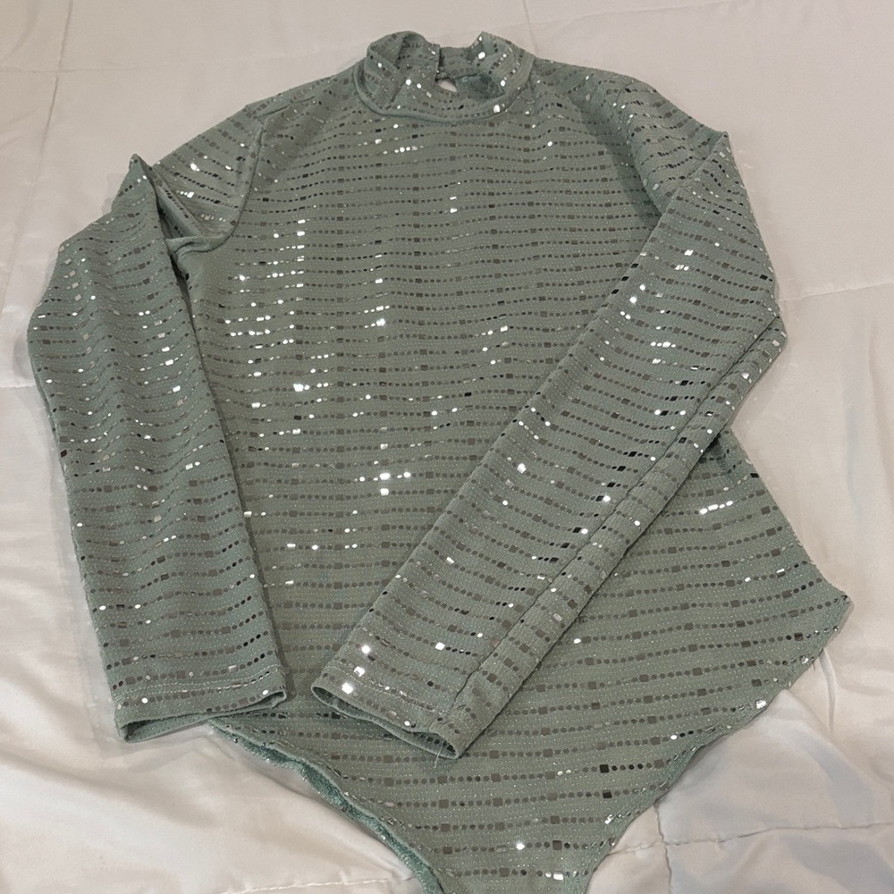 iris Sage Green Sequin Stripe Long-Sleeve Bodysuit
